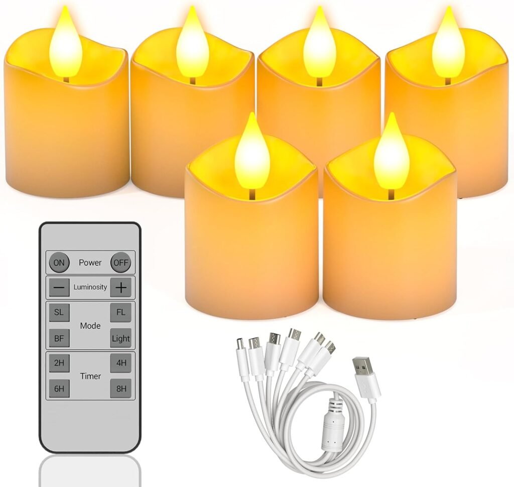 Set van 6 oplaadbare LED waxinelichtjes met flikkerend effect, afstandsbediening en timer – elektrische kaarsen USB-C voor feest en woondecoratie