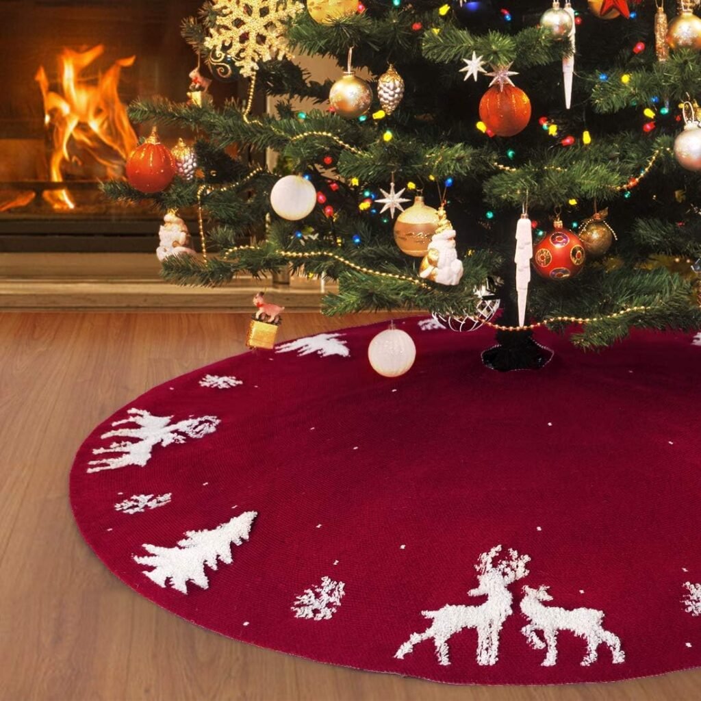 Grote rode gebreide kerstboomrok met 3D elanden en sneeuwvlokken Ø48 inch kerstboomkleed basisbedekking kerstdecoratie