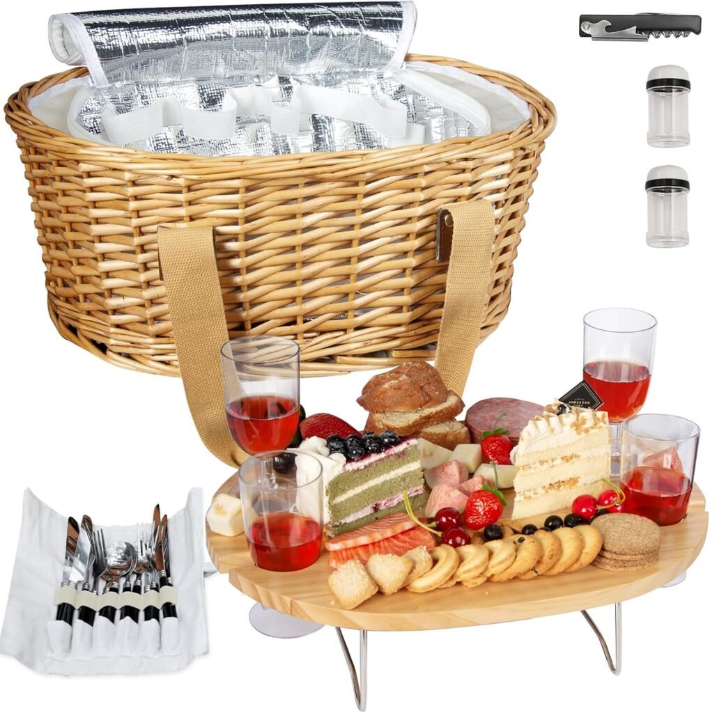 Picknickmand set voor 4 personen met koelrugzak, opvouwbare wijnpicknicktafel en complete bestekset inclusief wijnglazen en accessoires