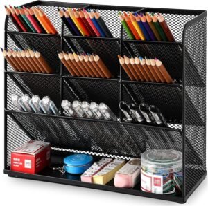 Bureau organizer pennenhouder met lade – pennenbak voor kantoor en kunstbenodigdheden – modern bureau accessoire opberg – zwart