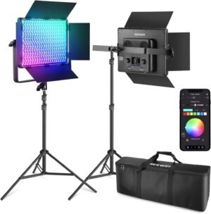 Set van 2 RGB LED videolampen 60W 23000 lux studioverlichting met statief DMX app 2.4G bediening 2500K-10000K inclusief draagtas