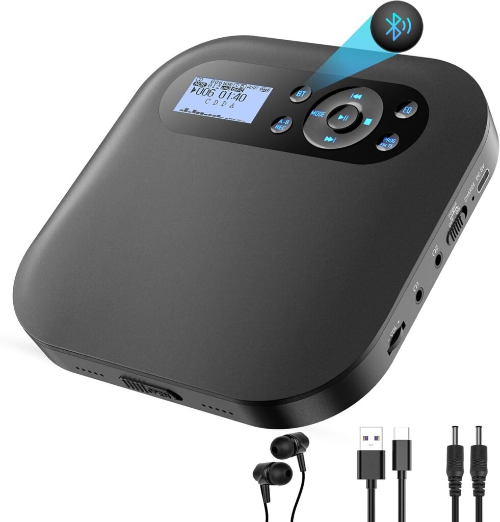 CD speler met Bluetooth draagbare Discman met FM radio stereo luidsprekers anti skip en hoofdtelefoon aansluitingen voor thuis en auto gebruik
