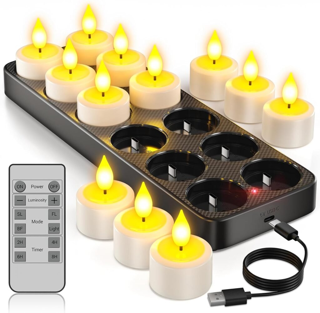 Oplaadbare LED theelichtjes met afstandsbediening en timerfunctie set van 12 met oplaadstation vlam effect sfeerverlichting voor binnen decoratie feest en kerstgebruik