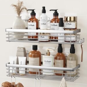Douche rek set roestvrij staal – Zelfklevende douche organizer zonder boren – Badkamer opbergrek met haken en houders – 2 stuks multifunctioneel badkamerrek