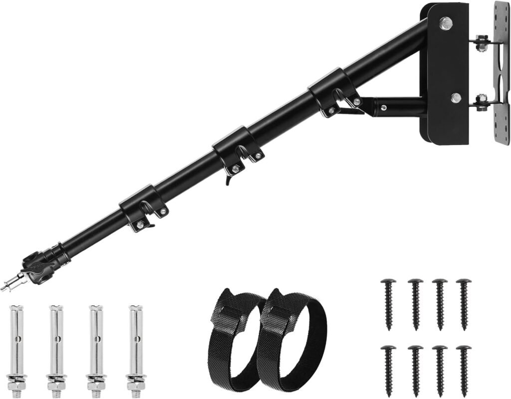 Muurbeugel voor ringlicht en flitslicht met uitschuifbare boomarm en wandmontage voor stabiele studioverlichting en flexibele positionering tijdens fotografie en beautygebruik.