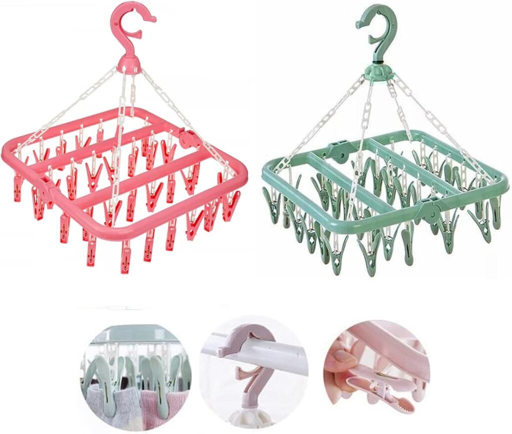 Sokken droogrek 2-pack met clips vouwbaar kunststof droogrek voor sokken ondergoed babykleding handschoenen en schoeninlegzolen windbestendig roze en groen compact kledinghanger systeem