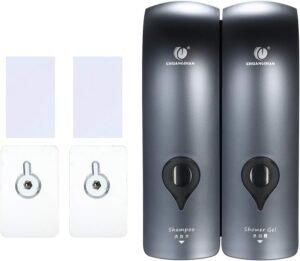 Zeepdispenser set wandmontage – Douchegel en shampoo dispenser zonder boren – Dubbele kop badkameraccessoire – 2x300ml inhoud