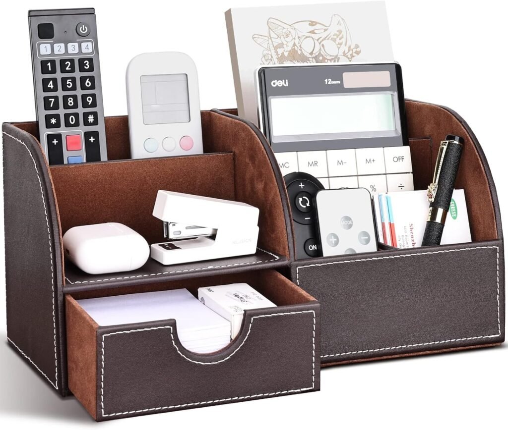 PU lederen bureau-organizer set lichtbruin met pennenhouders en bureau opbergsysteem voor kantoor en bureau opslag van pennen en accessoires