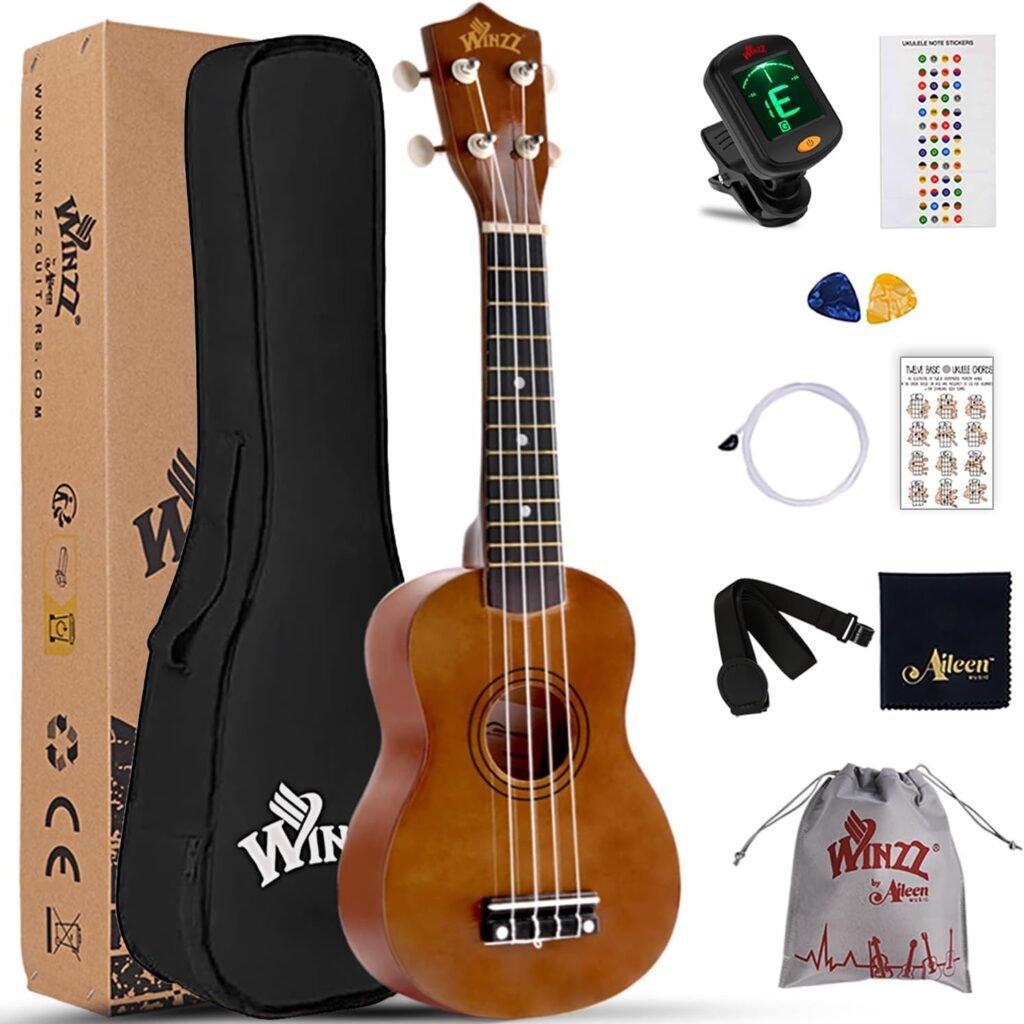 Sopraan ukulele starter kit 21 inch brons met draagtas clip-on tuner extra snaren schouderriem plectrum toetsenbord stickers akkoordkaart polijstdoek