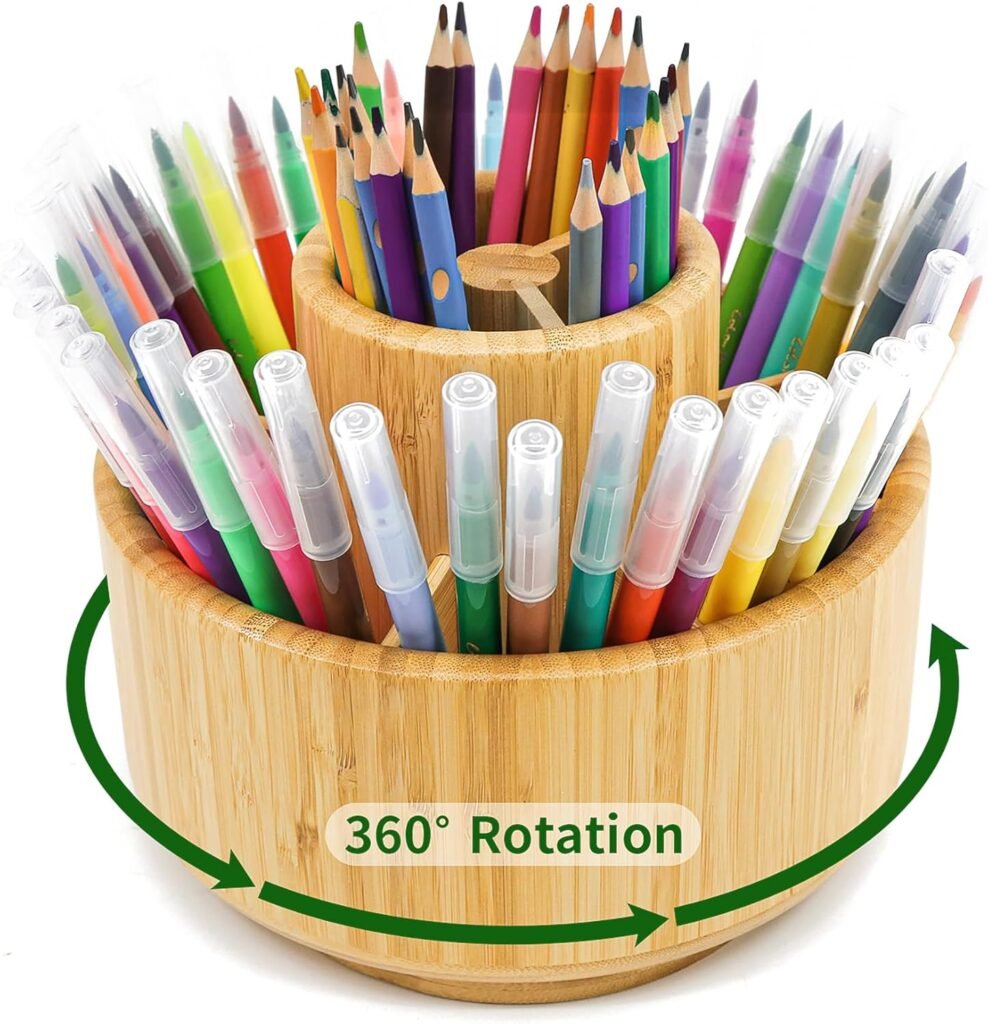 Bamboe pennenhouder organizer draaibaar - bureau opberg voor 420 potloden, markers, kleurpotloden en verfkwasten - kunstbenodigdheden organizer