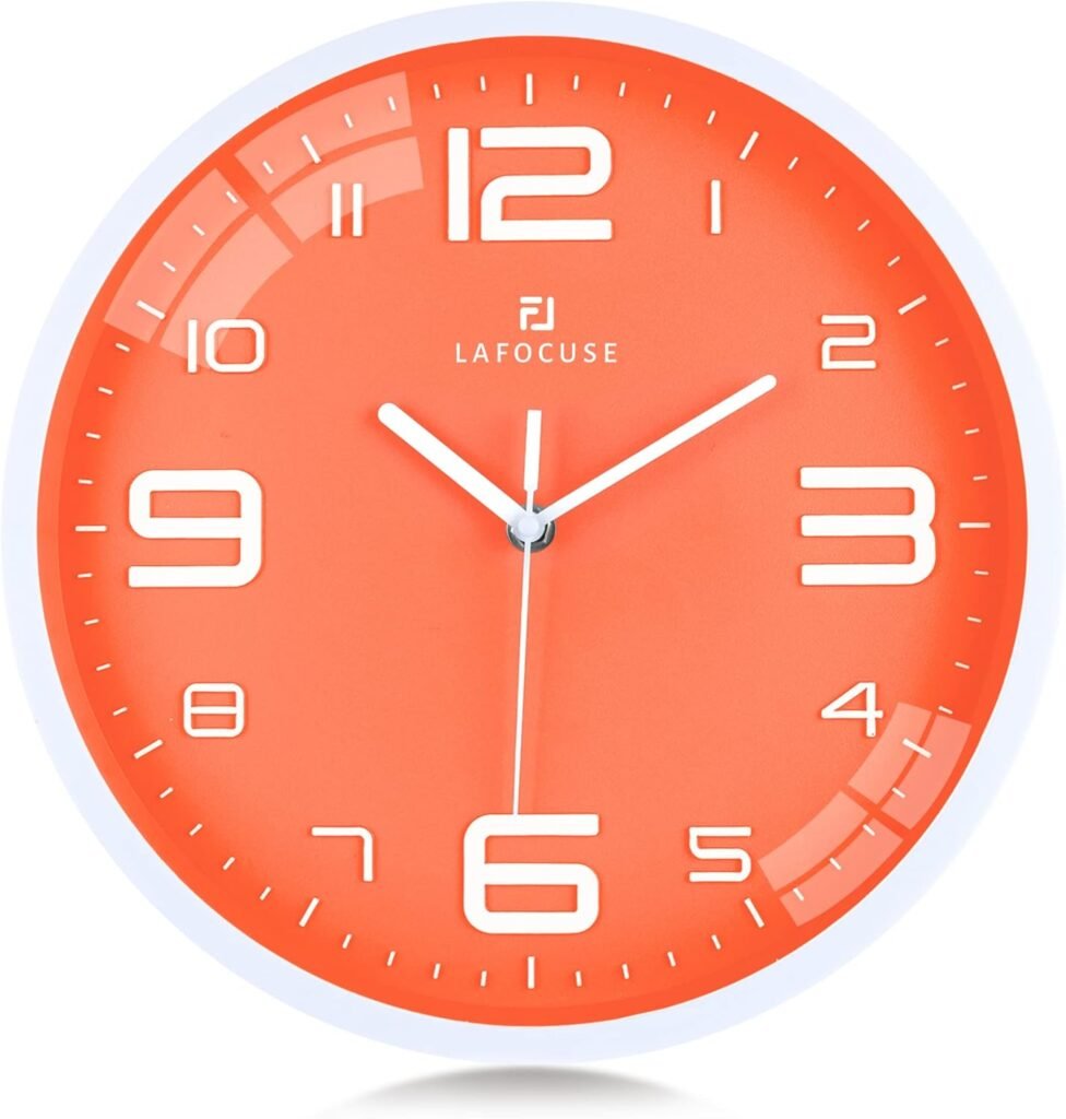 Oranje wandklok 30cm analoog met 3D cijfers en stille quartz beweging voor keuken en woonkamer