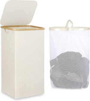 Wasmand met deksel 110 liter opvouwbaar met verwijderbare binnenzak en bamboe handvatten beige wasmand voor slaapkamer badkamer en waskamer
