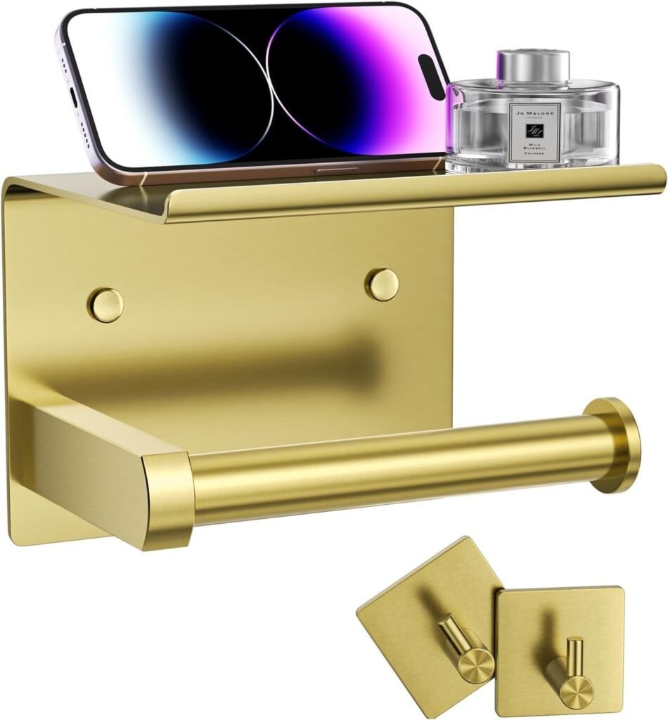 Toiletrolhouder met telefoonplankje en handdoekhaak wandmontage goud geborsteld badkamer en toilet houder luxe design