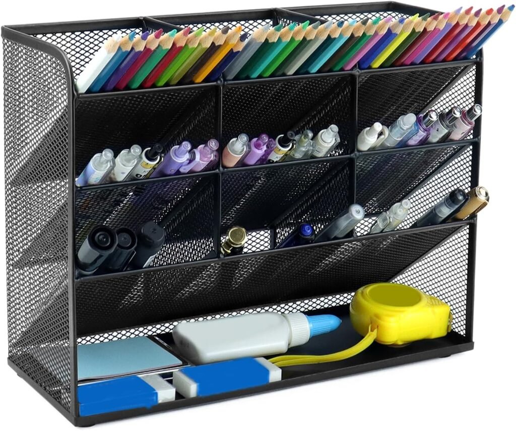 Mesh bureau organizer zwart met 9 compartimenten penhouder voor kantoor en school benodigdheden