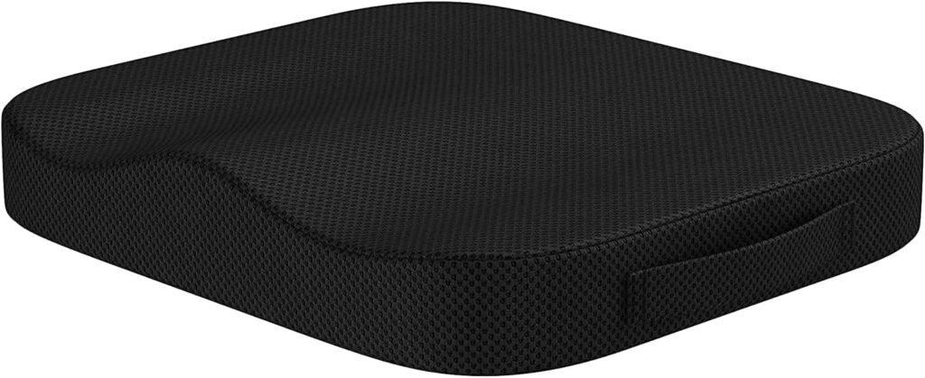Draagbaar memory foam zitkussen zwart met handvat, ergonomisch stoelkussen met antislip onderzijde voor thuis, kantoor en auto gebruik