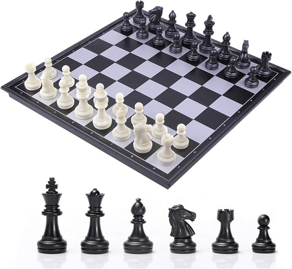 Magnetisch schaakspel opvouwbaar schaakbord zwart wit educatief speelset compact 32x32 cm met opslag voor kinderen en volwassenen