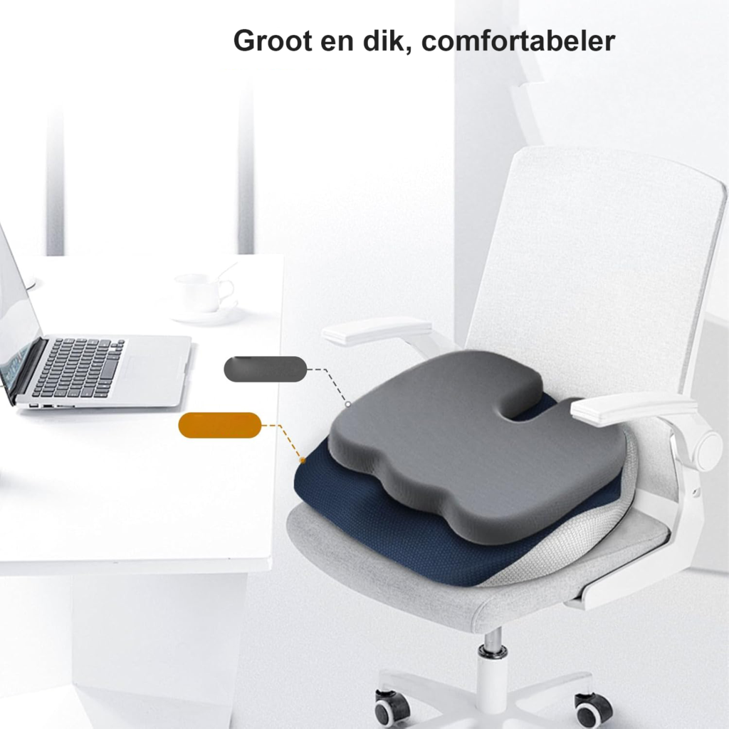 Orthopedisch zitkussen coccyx verlichting - ergonomisch zitkussen auto en kantoorstoel - memory foam drukverlichting stuitje - anti druk donkerblauw kussen