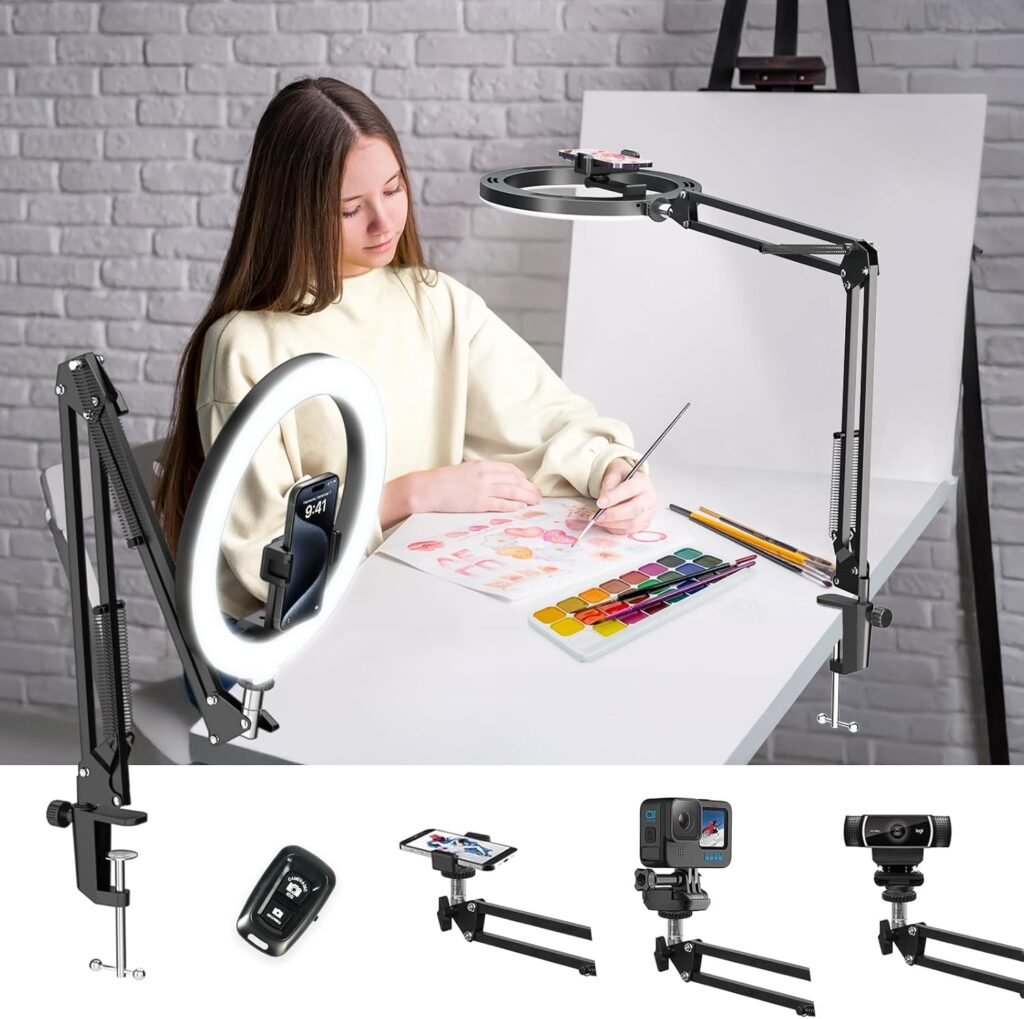 10 inch ringlamp met statief en telefoonhouder, bovenhoofd verlichting met afstandsbediening voor livestream, bureau en nail art gebruik