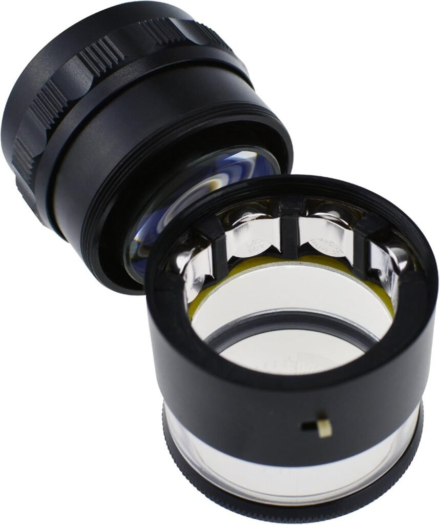 10x verlichte juweliersloep met LED vergrootglas en 25mm kijkveld voor sieraden, edelstenen, munten en hobby met verwisselbare meetlat en 4 meetdiagrammen