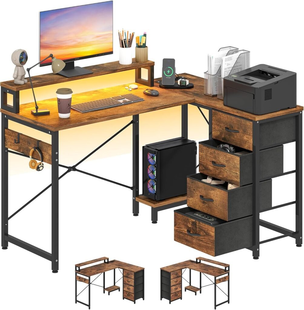 hoekbureau met opbergrek en usb poorten en stopcontacten multifunctionele werktafel voor thuiswerk en studeren vintage bruin 130x100x75 cm compacte bureau met opbergplanken