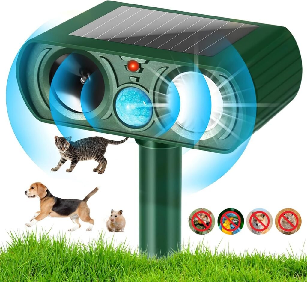 Solar ultrasone kattenverjager met bewegingssensor en LED flitslicht tegen katten, honden en muizen, IP44 waterdicht, 8m bereik tuin dierenverjager