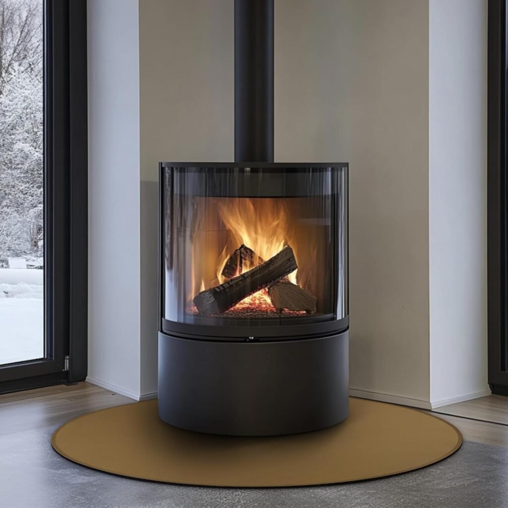 Vuurvaste glasvezel mat 100x100 cm rond onder open haard voor vloerbescherming tegen vonken binnen en buiten bruin