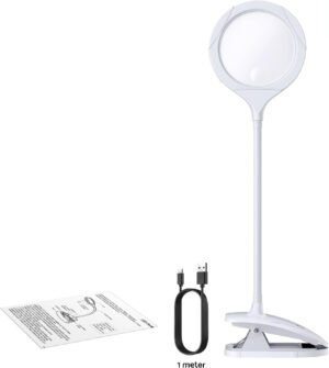 Vergrootglas met LED lamp 5x en 10x vergroting oplaadbare tafellamp met klem en flexibele zwanenhals 15 LED en 3 helderheidsniveaus voor lezen en klussen wit