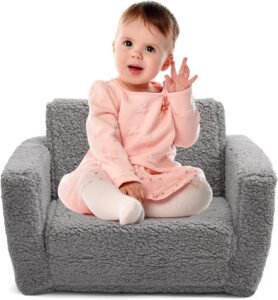 Kindersofa bed 2-in-1 – Omvormbare peuter bank – Slaapbank kinderstoel – Sherpa pluche grijs voor kinderen