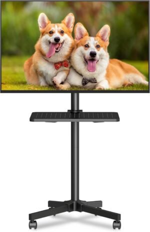 Mobiele TV standaard met wielen en plank voor 21-60 inch flatscreen en gebogen tv, verrijdbare tv trolley met verstelbare hoogte en VESA 400x400 ondersteuning