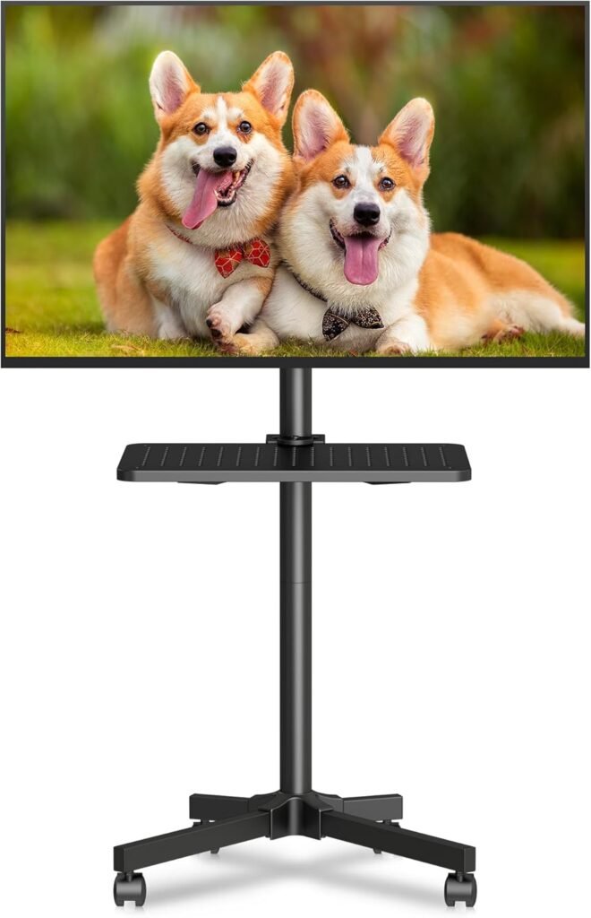 Mobiele TV standaard met wielen en plank voor 21-60 inch flatscreen en gebogen tv, verrijdbare tv trolley met verstelbare hoogte en VESA 400x400 ondersteuning