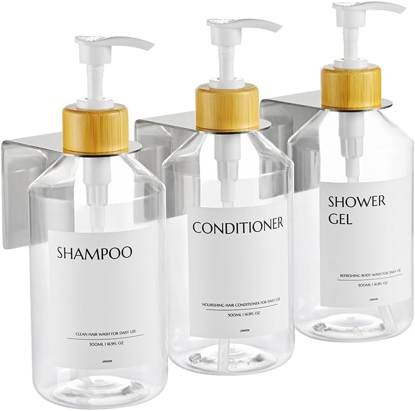 Zeepdispenser Set van 3 - Wandmontage Zonder Boren - Afwasmiddel- en Zeeppomp Dispenser met Bamboe Houder - 500 ml Wit Transparant voor Keuken en