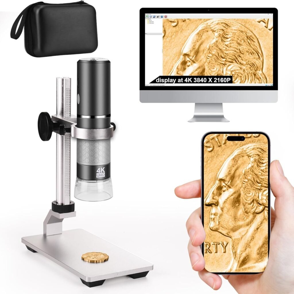 4K WiFi digitale microscoop met 50-1000x vergroting, professionele standaard en opbergcase, compatibel met iPhone, Android en PC.