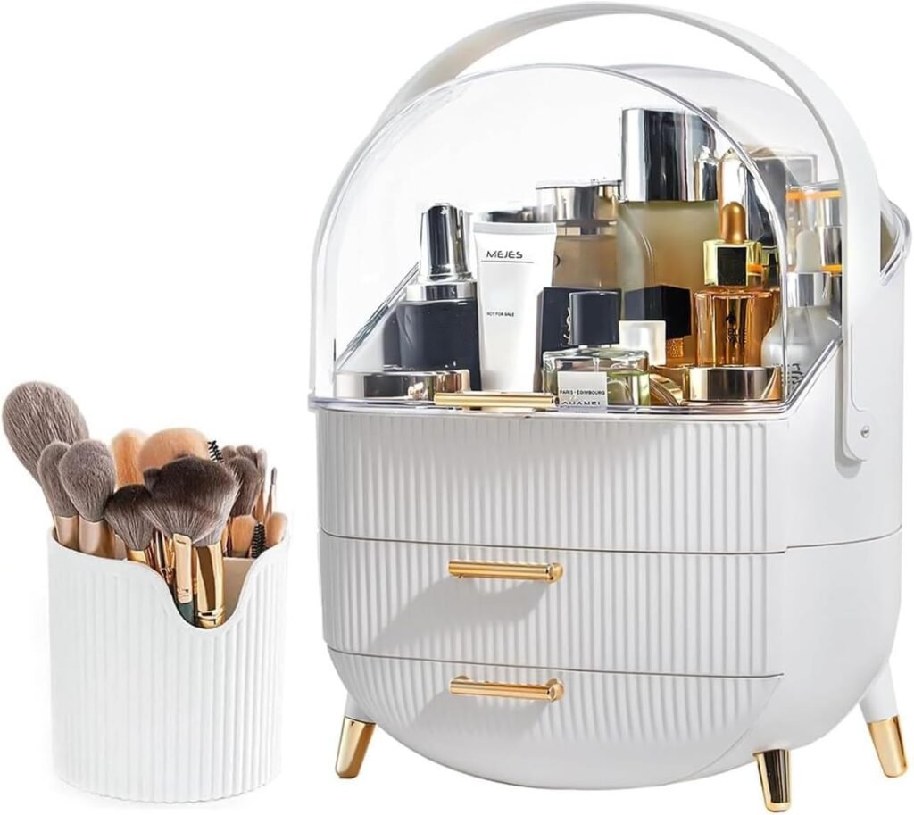 Make-up organizer box met transparante deksel en twee lagen, cosmetica opbergcase met borstelhouder voor badkamer, make-up tafel en reizen.
