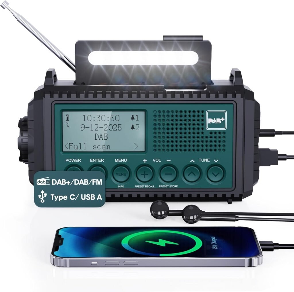 DAB+ FM bouwradio met 5000mAh accu - draagbare solar noodradio met LED zaklamp, leeslamp en SOS alarm - IPX4 waterbestendig campingradio voor buitengebruik