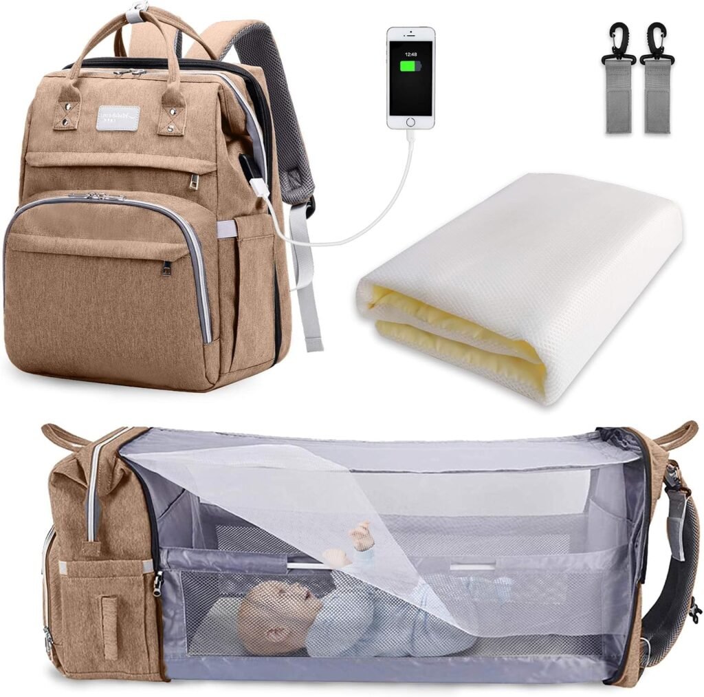 Multifunctionele luiertas rugzak met opvouwbaar babybed en verzorgingsstation khaki voor reizen en dagjes uit