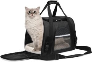 Honden transportbox vouwbaar en ademend – katten en kleine honden reismand – dierenkooi met pluche matras – 43x28x25 cm