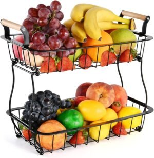 2-laags fruitmand van metaal met houten handvatten, zwarte keuken organizer voor fruit, groenten, brood en snacks 33x17,8 cm.