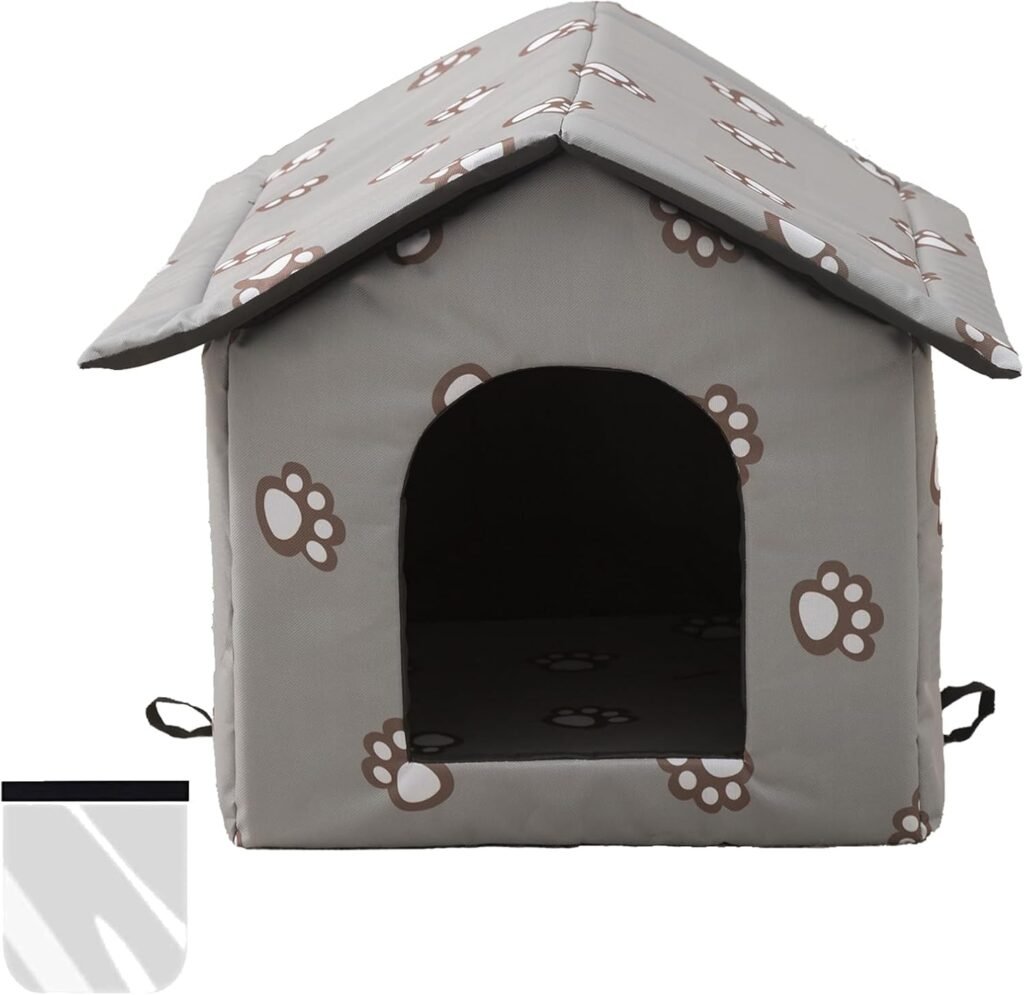 Winterbestendig buitenkattenhuis grijs, waterdicht dierenhuis voor katten en kleine huisdieren met transparant gordijn maat M voor buitengebruik.