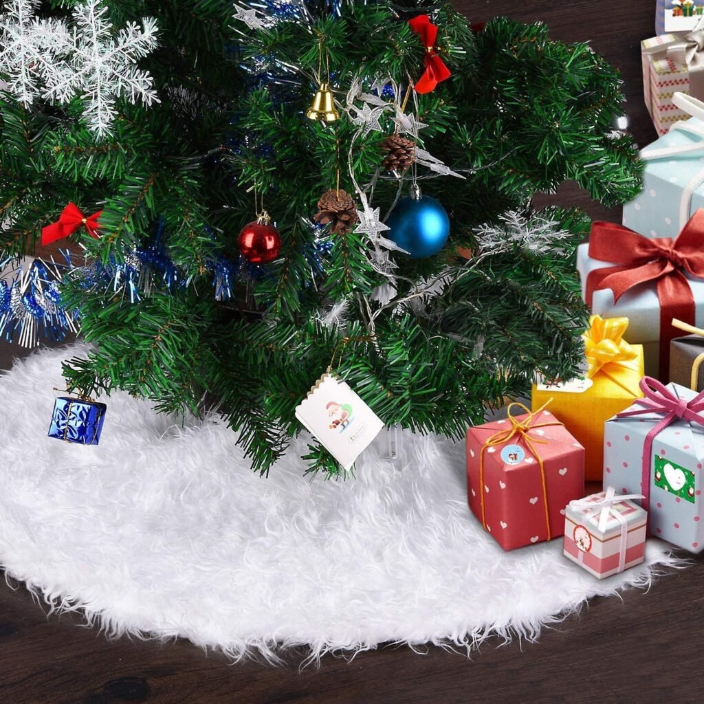 Witte faux fur kerstboomrok 120 cm, ronde kerstdecoratie voor onder kerstboom, luxe boomkleed met kerst sfeer.
