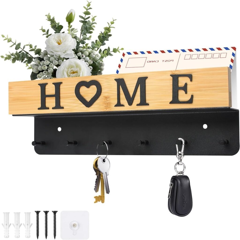 Houten sleutelkast muurbevestiging met plank 6 RVS haken sleuteldisplay organizer sleutelhanger hal keuken kantoor woonkamer opslag
