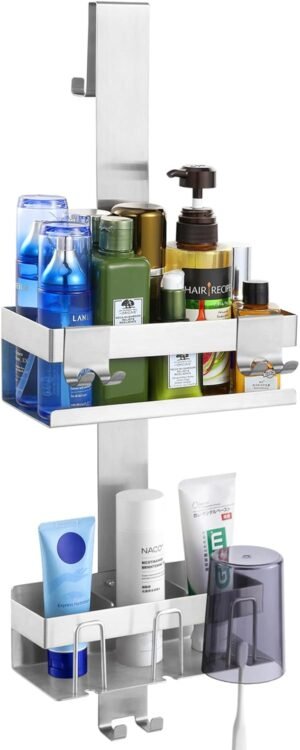 Hangende RVS douche caddy 2 lagen met haakjes, douchedeur organizer zonder boren voor badkamer essentials opslag