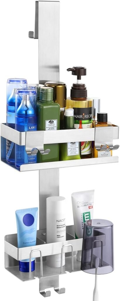 Hangende RVS douche caddy 2 lagen met haakjes, douchedeur organizer zonder boren voor badkamer essentials opslag
