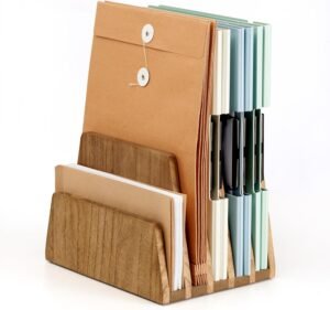 Houten Bureau Organizer 5 Vakken – Documentenhouder en Briefhouder – Bureau Opbergoplossing voor Thuis en Kantoor – Geelbruin Hout