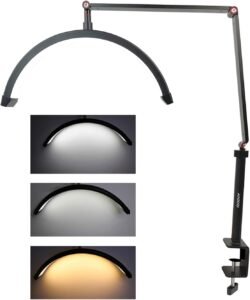Half Moon LED Video Lamp Dimbaar 3000K-6000K – C-Klem Tafelhouder – Metalen Verlichtingsstatief – Make-up, Wimpers, Tattoo & Live Streaming