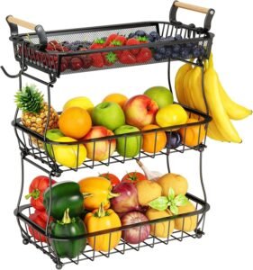 Fruitmand 3 Laags met Bananenhouder – Keuken Opbergmand voor Fruit en Groente – Metalen Keukenrek – Zwart