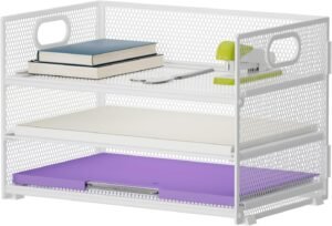 Bureau organizer met handvat 3 lagen – Documentenhouder en briefbak – Mesh opbergsysteem bureauaccessoires – Wit 3-laags opbergrek