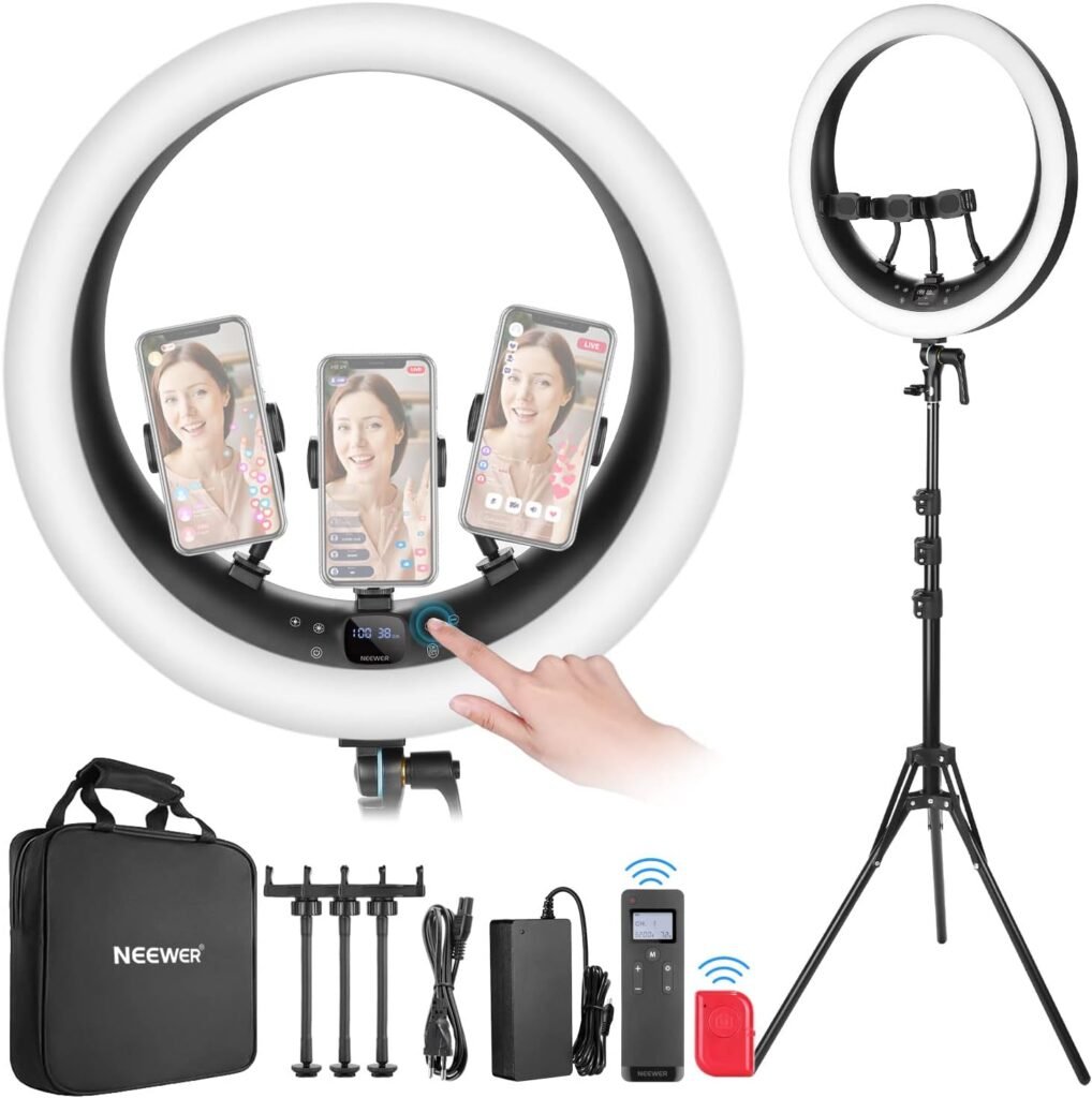 Ringlamp 19 inch met statief en 3 telefoonhouders – LED streaming lamp met 2.4G draadloze bediening, traploze dimming en 42W 2540 lux voor thuiswerk en video calls