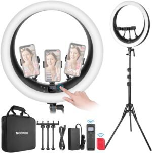 Ringlamp 19 inch met statief en 3 telefoonhouders – LED streaming lamp met 2.4G draadloze bediening, traploze dimming en 42W 2540 lux voor thuiswerk en video calls
