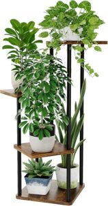 Plantenrek 4 niveaus – Hoek plantenrek kamerplanten – Binnen en buiten balkon tuin – Zwart metaal houten planken