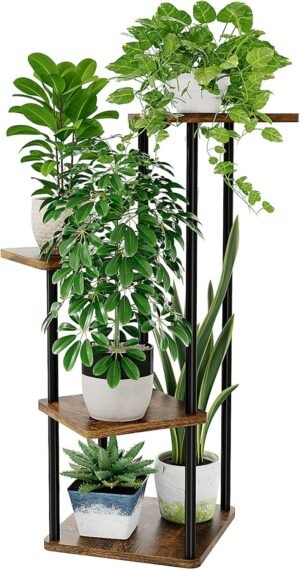 Plantenrek 4 niveaus van zwart metaal met houten planken, hoekmodel voor kamerplanten geschikt voor binnen en buiten zoals balkon, tuin en woonkamer